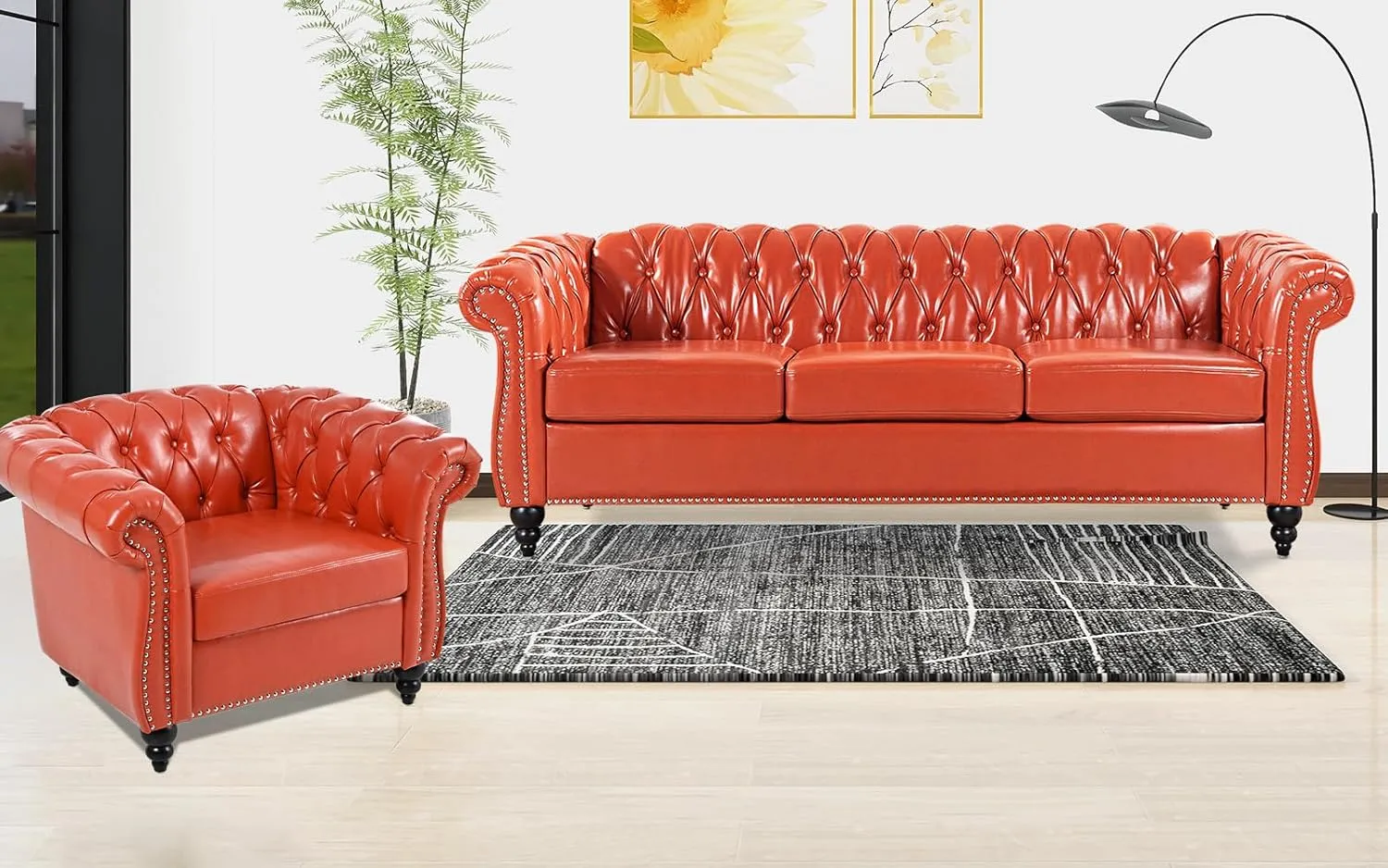 Chesterfield 2 Piece Set, Modern Faux Leather 3 Seater Couches and Sofa Chairs, Upholstered Tufted Button,Scroll Arms and Nailhead Trim, Sectional Sofa Set for Living Room Office Bedroom