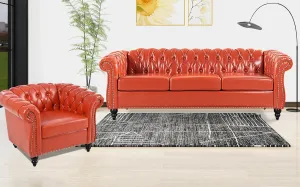 Chesterfield 2 Piece Set, Modern Faux Leather 3 Seater Couches and Sofa Chairs, Upholstered Tufted Button,Scroll Arms and Nailhead Trim, Sectional Sofa Set for Living Room Office Bedroom