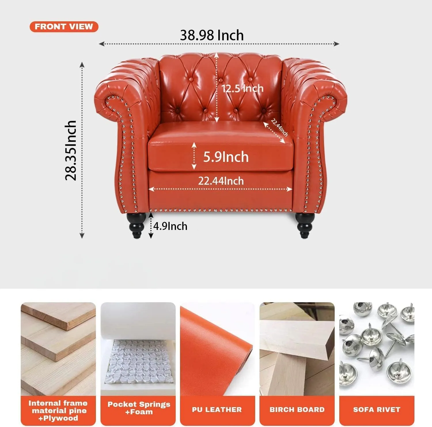 Chesterfield 2 Piece Set, Modern Faux Leather 3 Seater Couches and Sofa Chairs, Upholstered Tufted Button,Scroll Arms and Nailhead Trim, Sectional Sofa Set for Living Room Office Bedroom