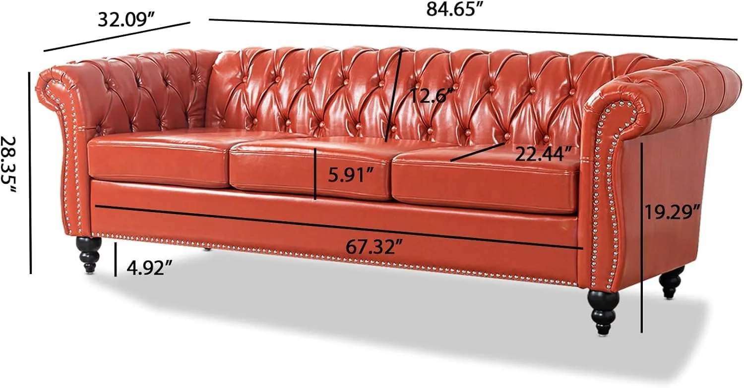 Chesterfield 2 Piece Set, Modern Faux Leather 3 Seater Couches and Sofa Chairs, Upholstered Tufted Button,Scroll Arms and Nailhead Trim, Sectional Sofa Set for Living Room Office Bedroom