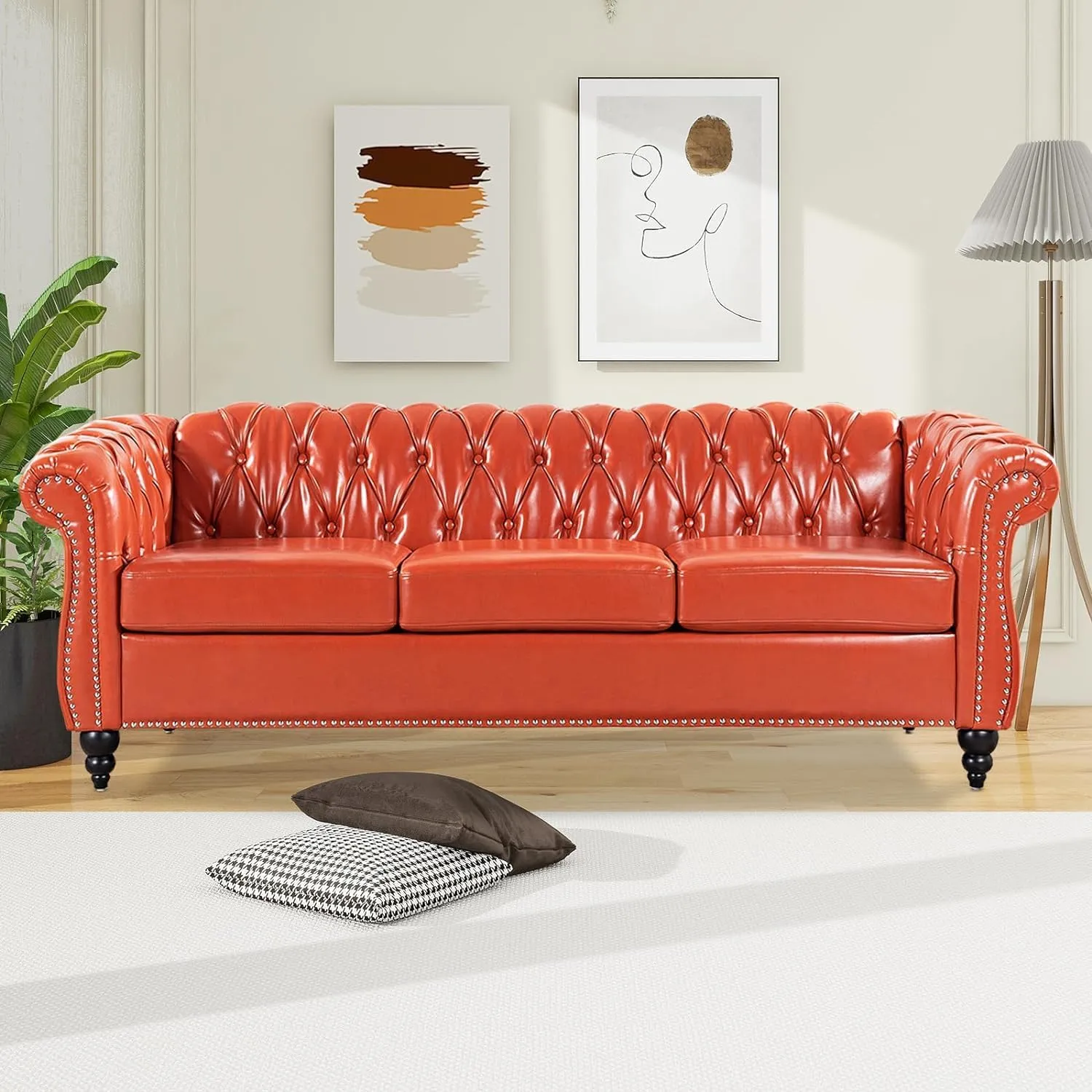 Chesterfield 2 Piece Set, Modern Faux Leather 3 Seater Couches and Sofa Chairs, Upholstered Tufted Button,Scroll Arms and Nailhead Trim, Sectional Sofa Set for Living Room Office Bedroom