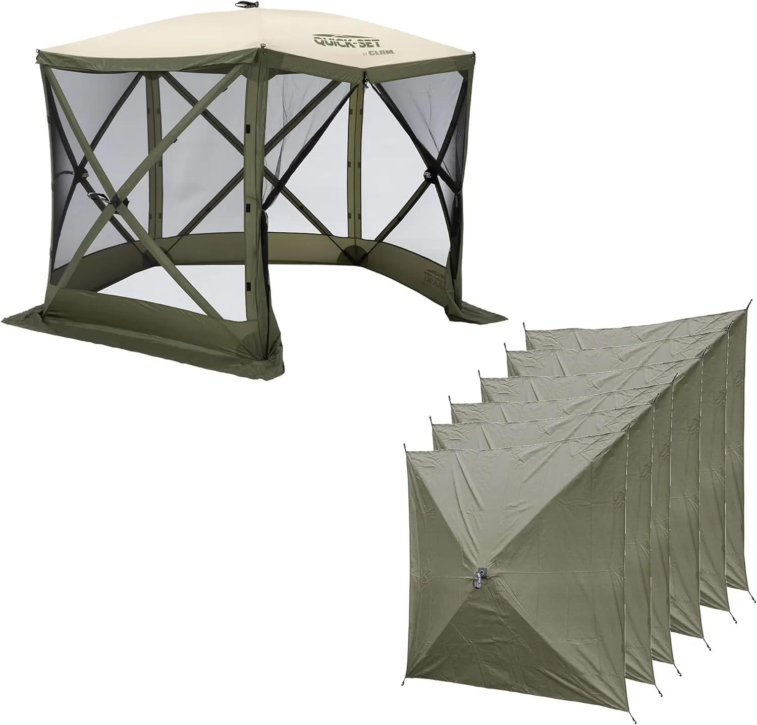CLAM Quick Set Venture 9x9 Ft Portable Outdoor Camping Canopy Shelter, Green/Tan   Clam Quick Set Screen Hub Tent Wind & Sun Panels, Green (2 Pack)