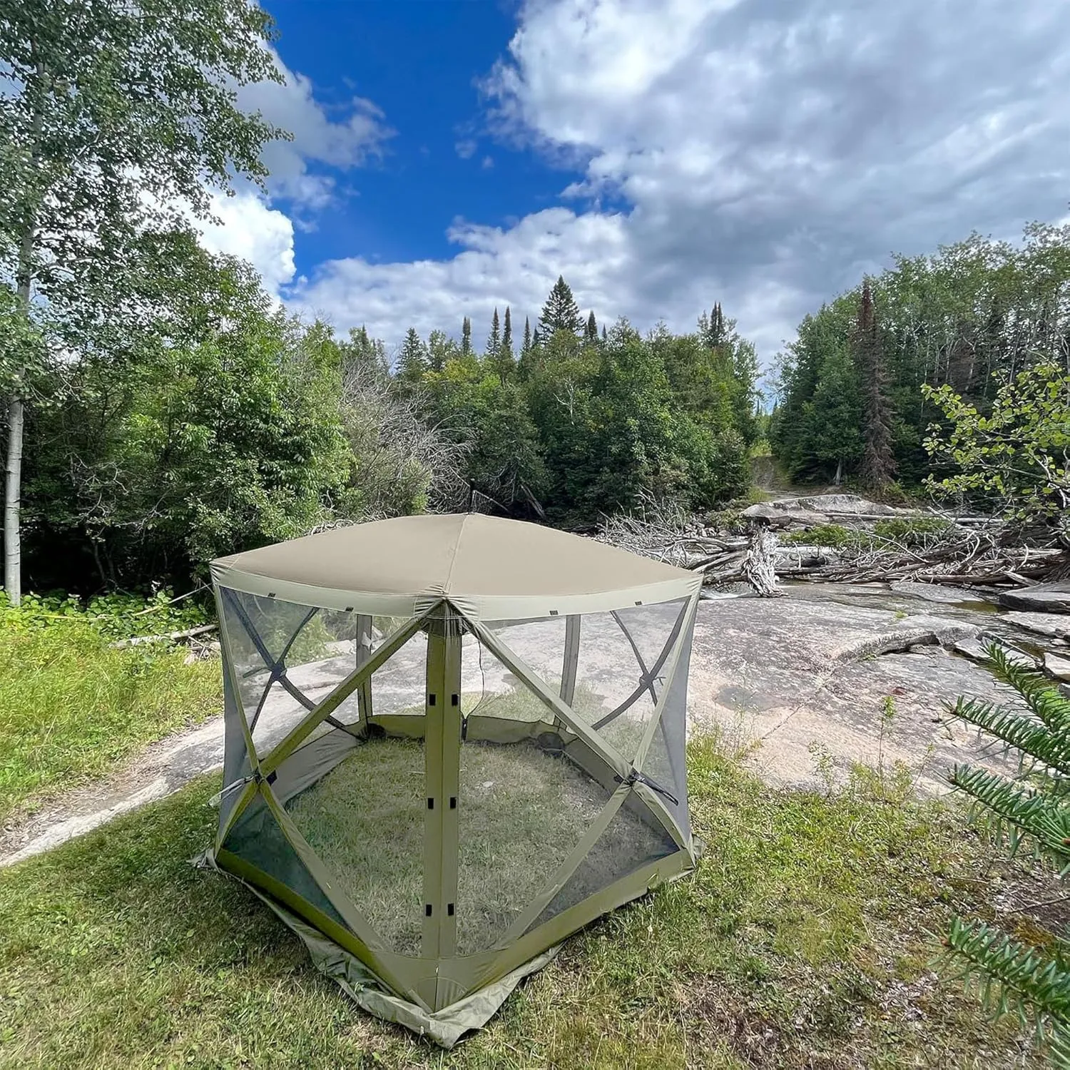 CLAM Quick Set Venture 9x9 Ft Portable Outdoor Camping Canopy Shelter, Green/Tan   Clam Quick Set Screen Hub Tent Wind & Sun Panels, Green (2 Pack)