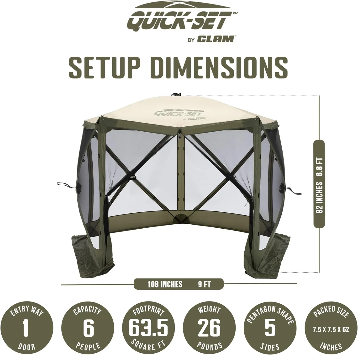 CLAM Quick Set Venture 9x9 Ft Portable Outdoor Camping Canopy Shelter, Green/Tan   Clam Quick Set Screen Hub Tent Wind & Sun Panels, Green (2 Pack)