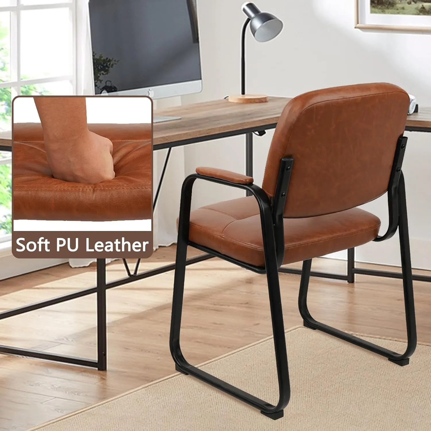 CLATINA Waiting Room Reception Chairs Leather Office Chair No Wheels, Conference Room Lobby Chairs with Sled Base and Padded Arms, Executive Guest Chair, Brown