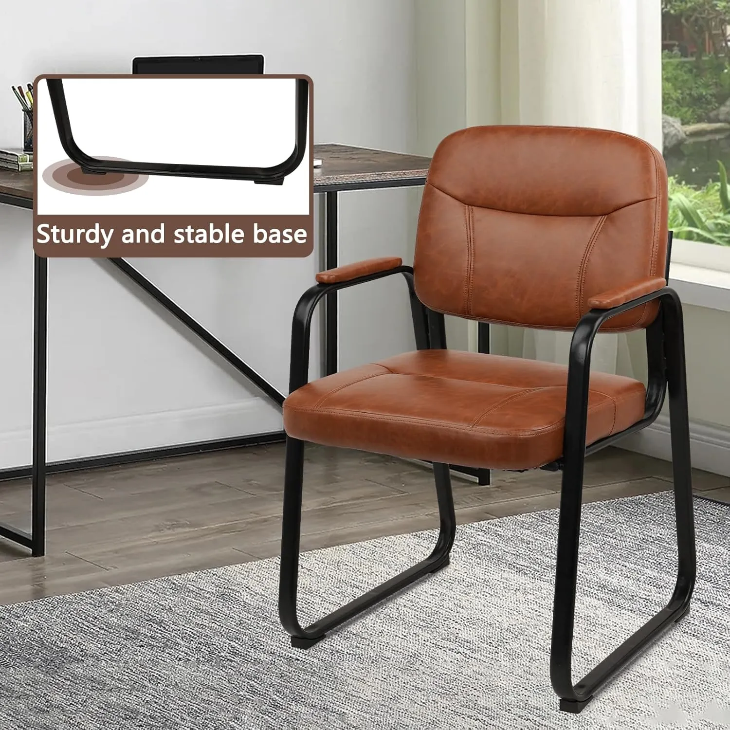 CLATINA Waiting Room Reception Chairs Leather Office Chair No Wheels, Conference Room Lobby Chairs with Sled Base and Padded Arms, Executive Guest Chair, Brown