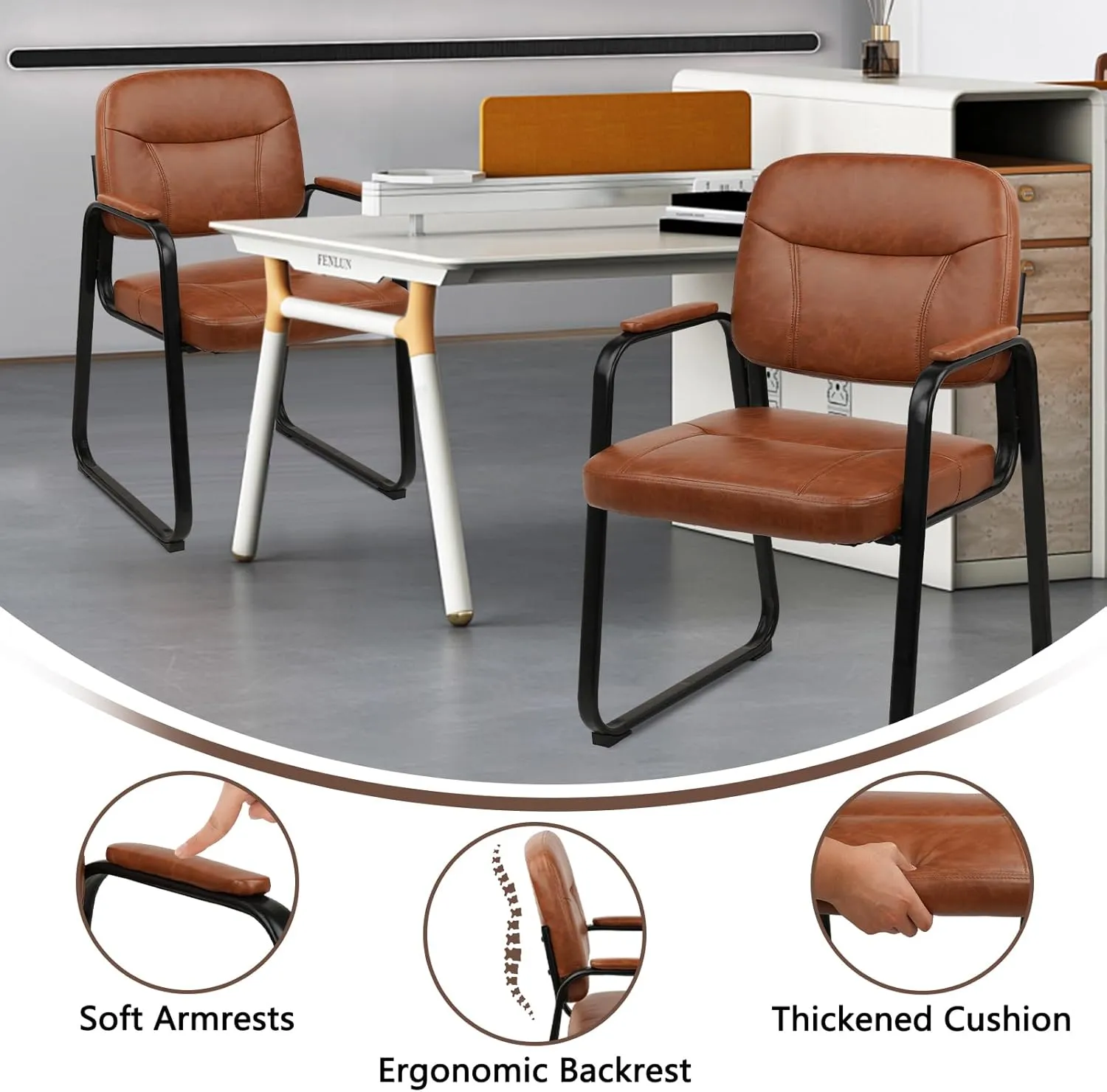 CLATINA Waiting Room Reception Chairs Leather Office Chair No Wheels, Conference Room Lobby Chairs with Sled Base and Padded Arms, Executive Guest Chair, Brown