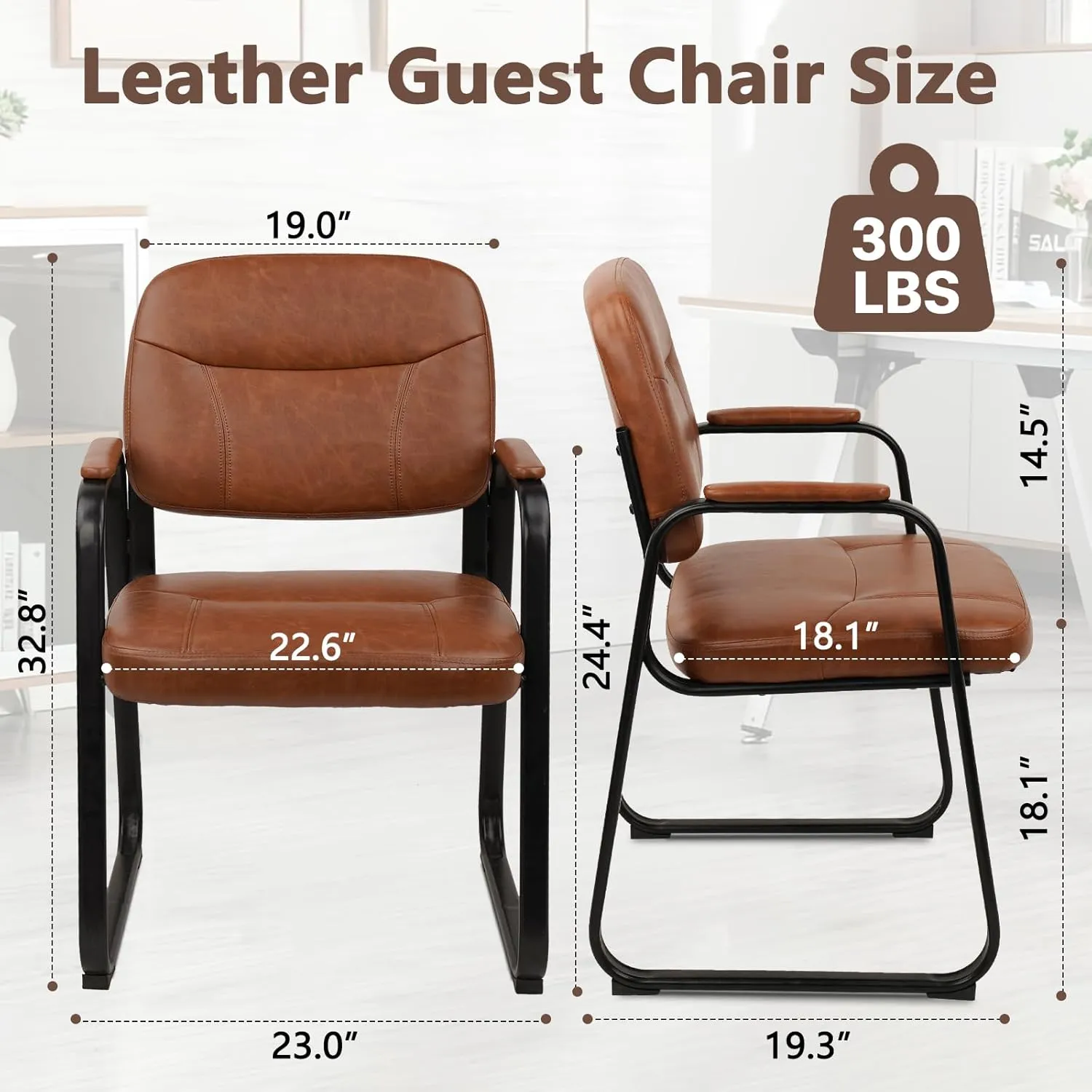 CLATINA Waiting Room Reception Chairs Leather Office Chair No Wheels, Conference Room Lobby Chairs with Sled Base and Padded Arms, Executive Guest Chair, Brown
