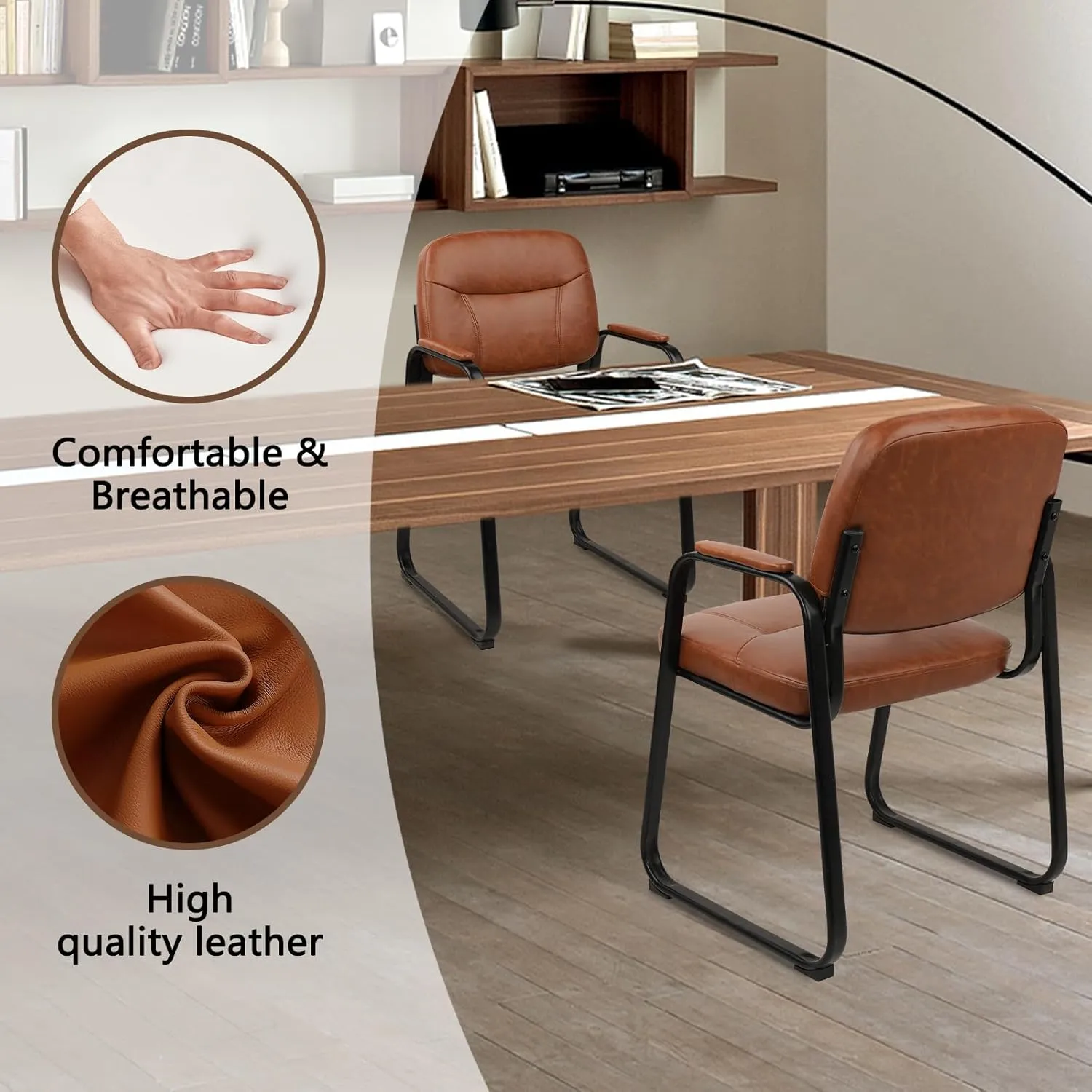CLATINA Waiting Room Reception Chairs Leather Office Chair No Wheels, Conference Room Lobby Chairs with Sled Base and Padded Arms, Executive Guest Chair, Brown