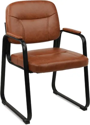 CLATINA Waiting Room Reception Chairs Leather Office Chair No Wheels, Conference Room Lobby Chairs with Sled Base and Padded Arms, Executive Guest Chair, Brown