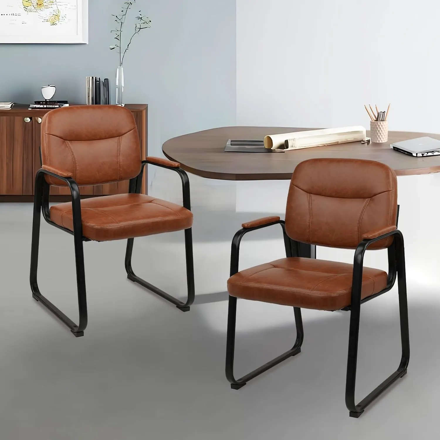 CLATINA Waiting Room Reception Chairs Leather Office Chair No Wheels, Conference Room Lobby Chairs with Sled Base and Padded Arms, Executive Guest Chair, Brown