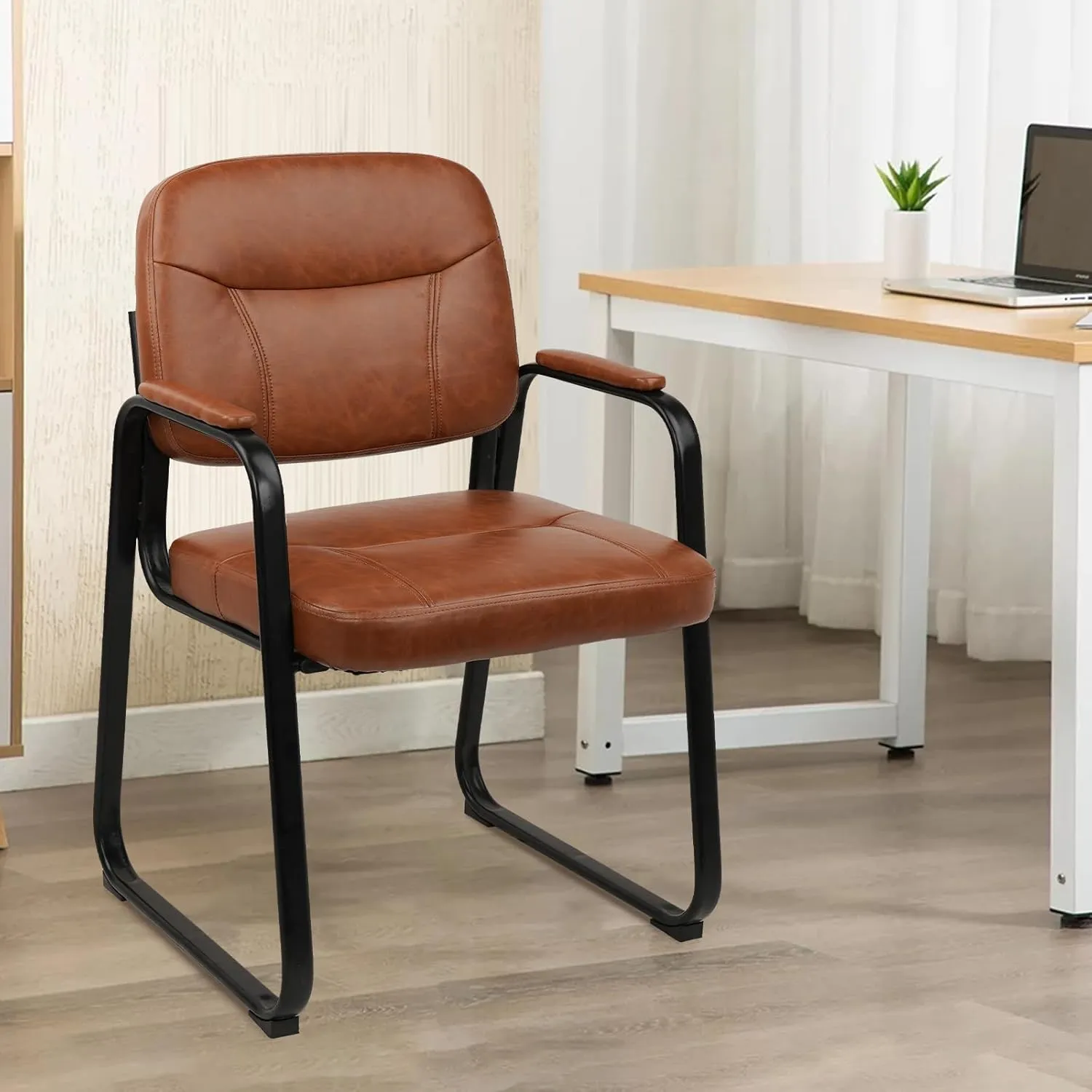 CLATINA Waiting Room Reception Chairs Leather Office Chair No Wheels, Conference Room Lobby Chairs with Sled Base and Padded Arms, Executive Guest Chair, Brown