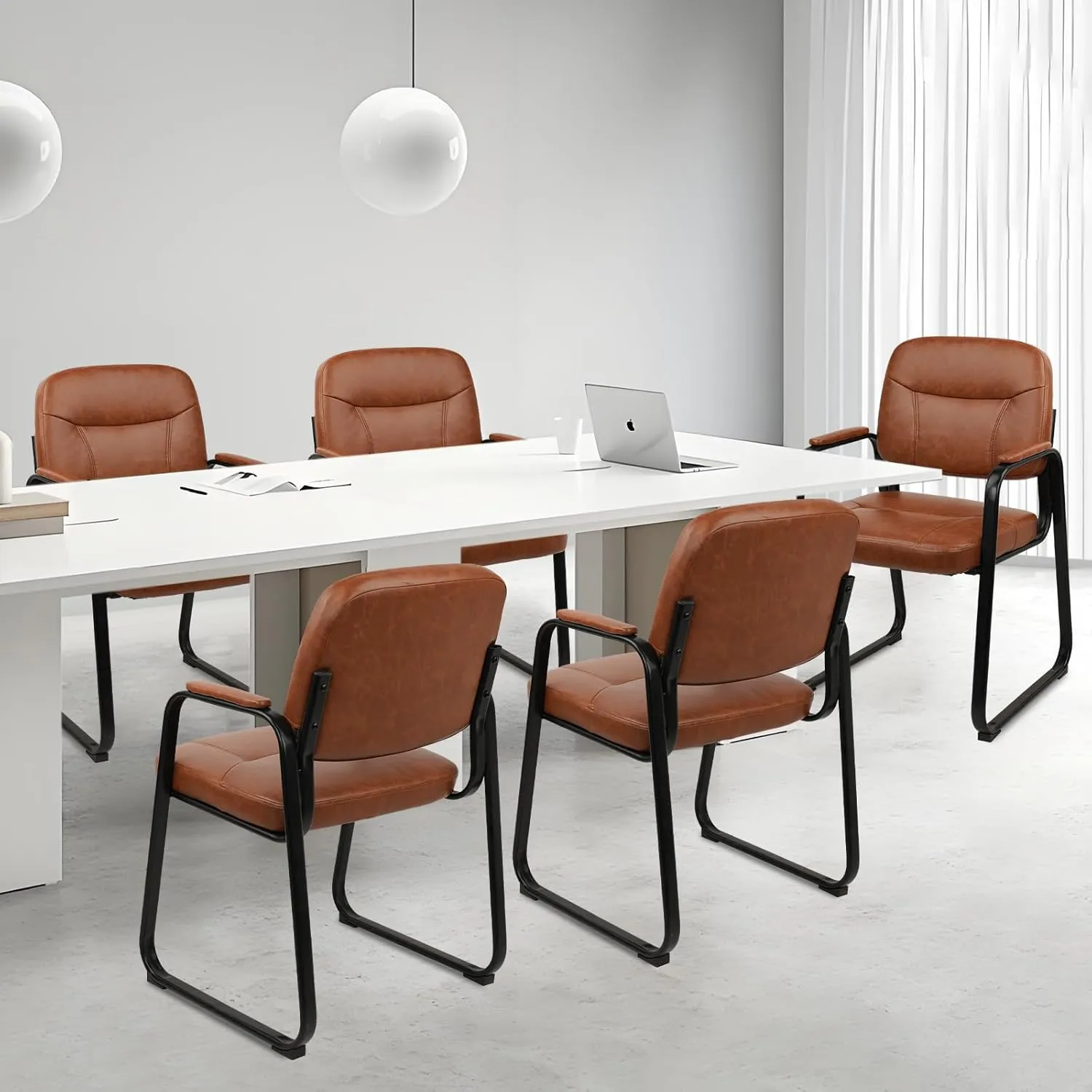 CLATINA Waiting Room Reception Chairs Leather Office Chair No Wheels, Conference Room Lobby Chairs with Sled Base and Padded Arms, Executive Guest Chair, Brown