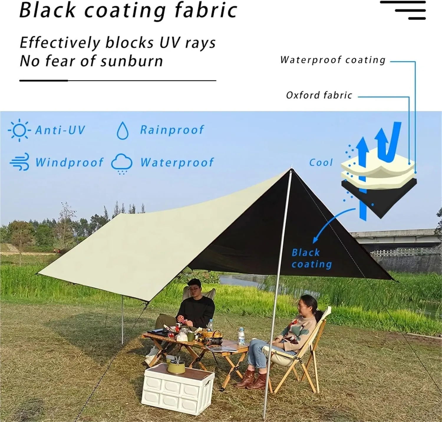 Coating Tarp Block Ourdoor Camping Waterproof Sun Shelter 3x3 3x4 3x5 Coated Beach Sunshade Canopy Without Poles for Outdoors, Picnic(Kit A (no Accessory),3 * 5M)