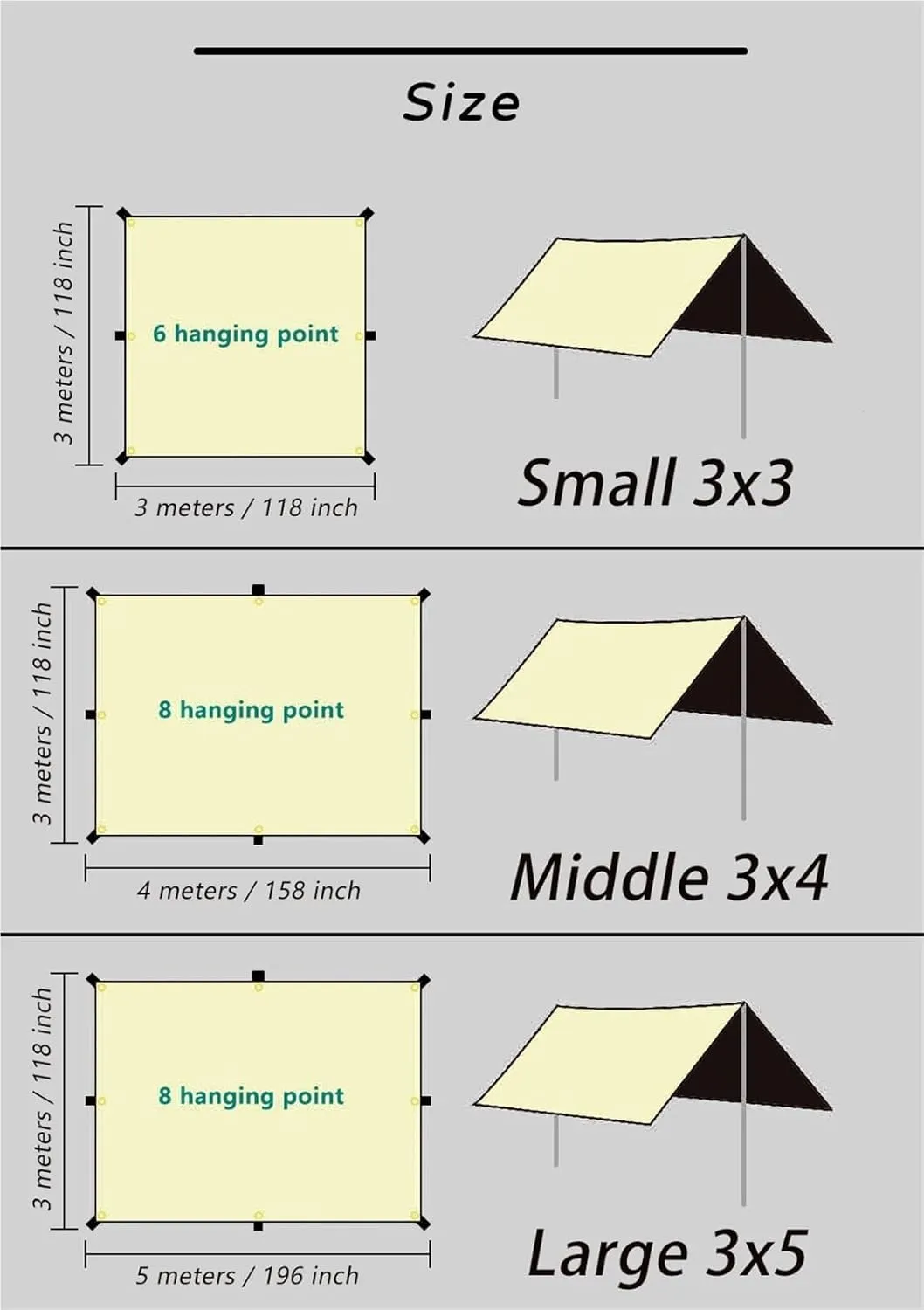 Coating Tarp Block Ourdoor Camping Waterproof Sun Shelter 3x3 3x4 3x5 Coated Beach Sunshade Canopy Without Poles for Outdoors, Picnic(Kit A (no Accessory),3 * 5M)