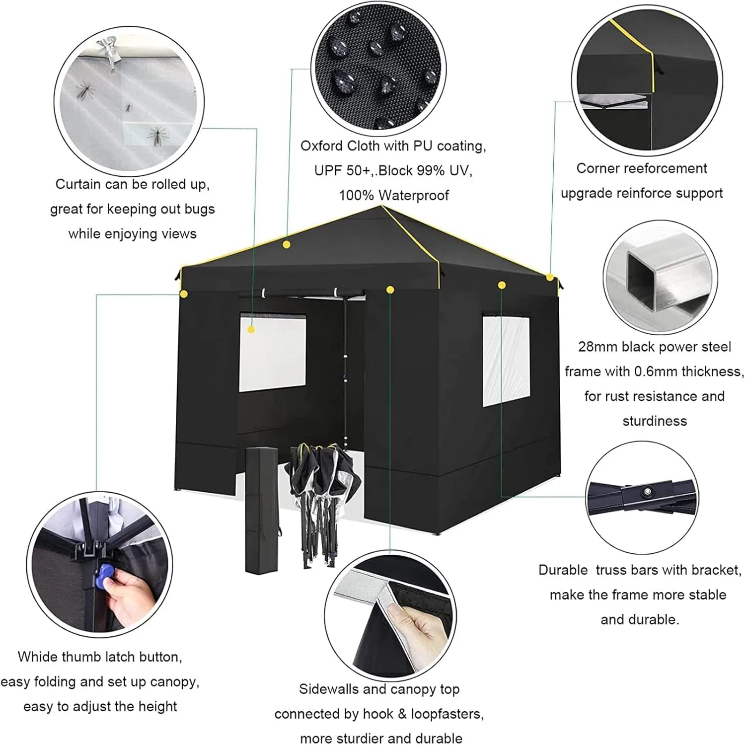 COBIZI 10x10 Pop Up Canopy Gazebo with Mesh Windows 2.0, Easy up Canopy Tent 10x10, Portable Waterproof Outdoor Canopie with 4 Removable Sidewalls & Carry Bag & 4 Stakes & Ropes, Black