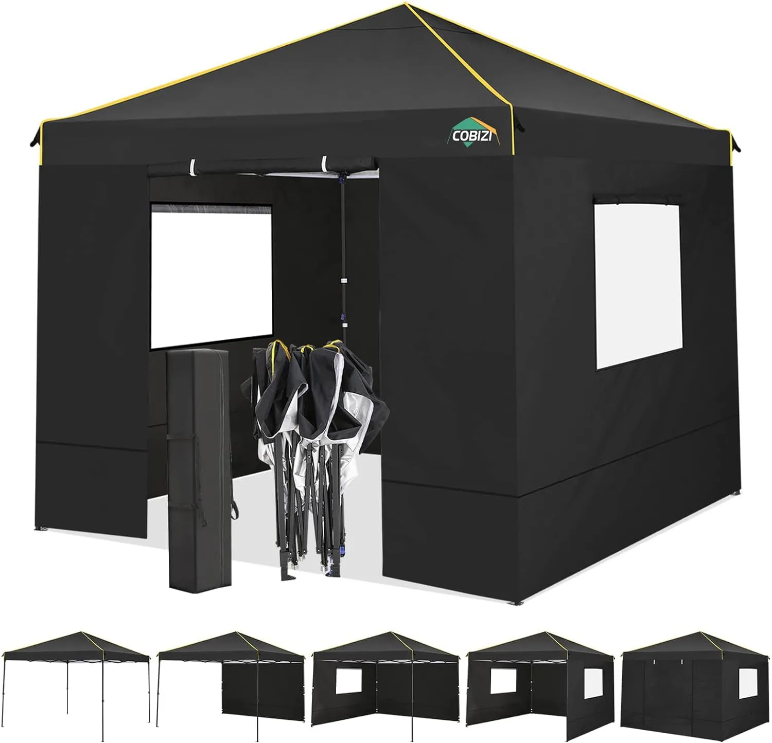 COBIZI 10x10 Pop Up Canopy Gazebo with Mesh Windows 2.0, Easy up Canopy Tent 10x10, Portable Waterproof Outdoor Canopie with 4 Removable Sidewalls & Carry Bag & 4 Stakes & Ropes, Black