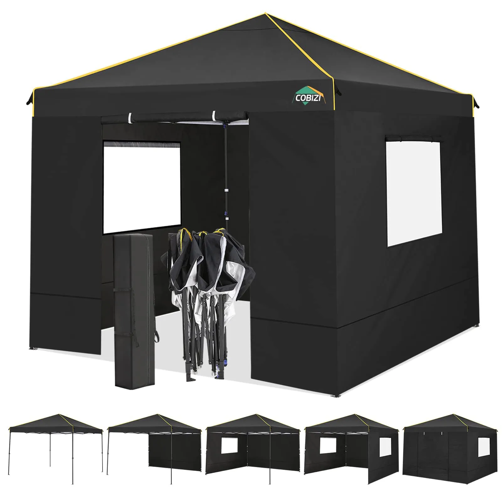 COBIZI 10x10 Pop Up Canopy Gazebo with Mesh Windows 2.0, Easy up Canopy Tent 10x10, Portable Waterproof Outdoor Canopie with 4 Removable Sidewalls & Carry Bag & 4 Stakes & Ropes, Black