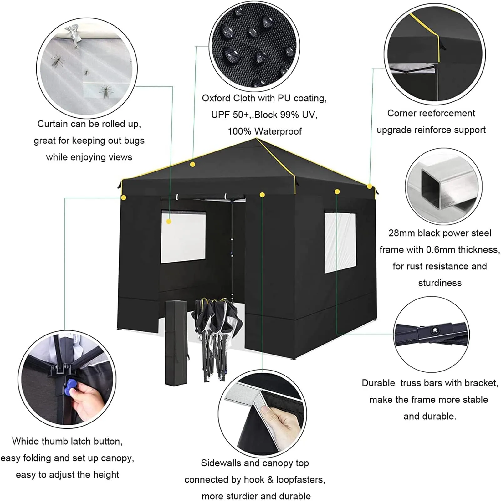 COBIZI 10x10 Pop Up Canopy Gazebo with Mesh Windows 2.0, Easy up Canopy Tent 10x10, Portable Waterproof Outdoor Canopie with 4 Removable Sidewalls & Carry Bag & 4 Stakes & Ropes, Black