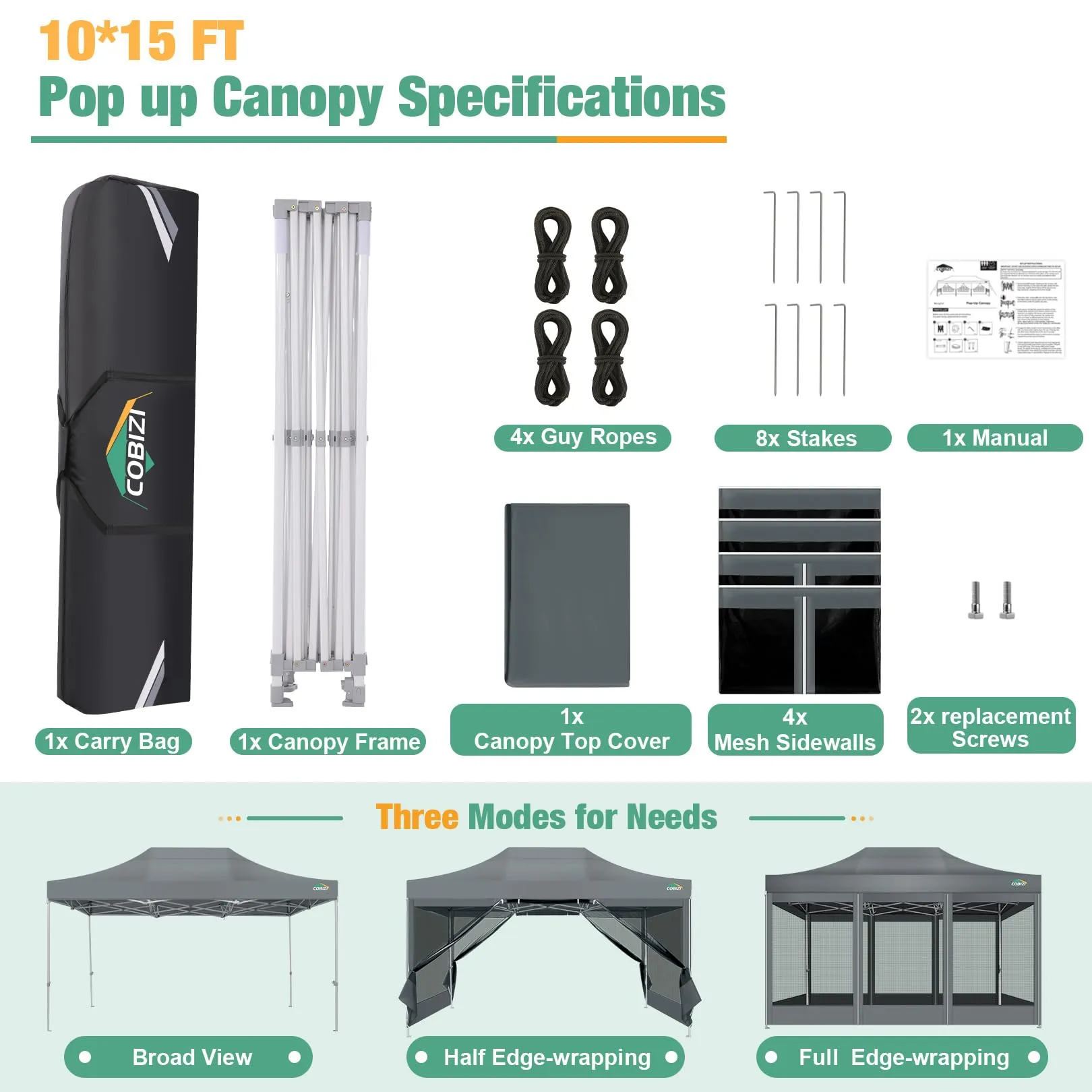 COBIZI 10x15 Canopy Tent, Heavy Duty Pop up Canopy with Sidewalls, Waterproof Easy Setup Canopy with Mosquito Netting, Outdoor Instant Screen Tents for Parties, Wedding, Backyard with Carry Bag, Gray