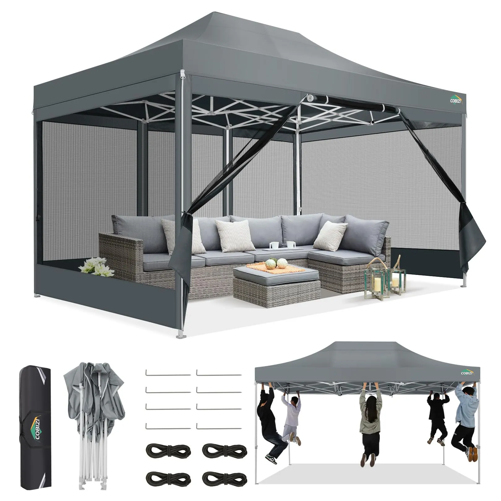 COBIZI 10x15 Canopy Tent, Heavy Duty Pop up Canopy with Sidewalls, Waterproof Easy Setup Canopy with Mosquito Netting, Outdoor Instant Screen Tents for Parties, Wedding, Backyard with Carry Bag, Gray