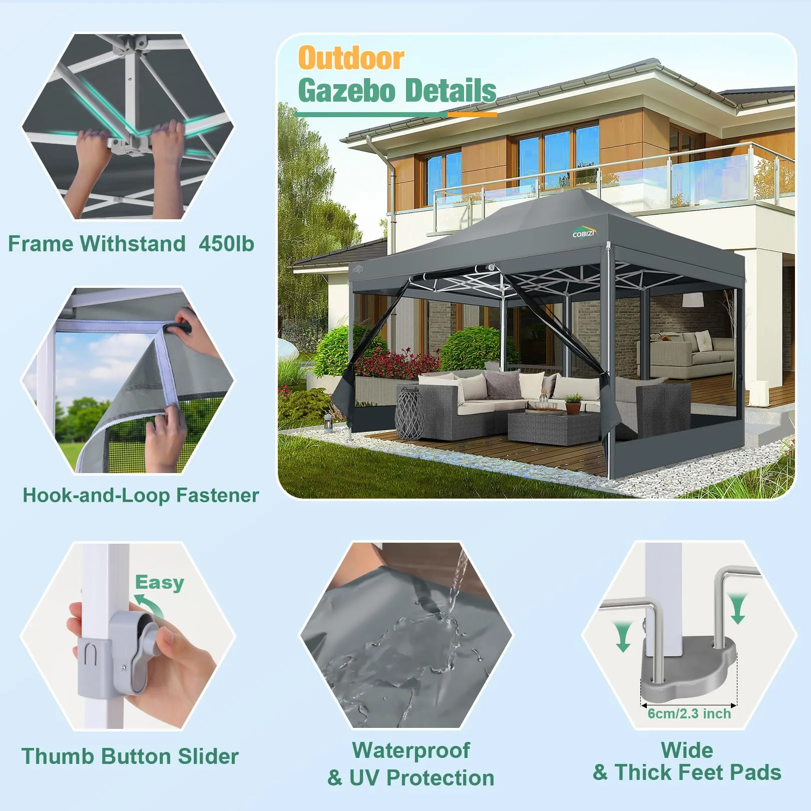 COBIZI 10x15 Canopy Tent, Heavy Duty Pop up Canopy with Sidewalls, Waterproof Easy Setup Canopy with Mosquito Netting, Outdoor Instant Screen Tents for Parties, Wedding, Backyard with Carry Bag, Gray