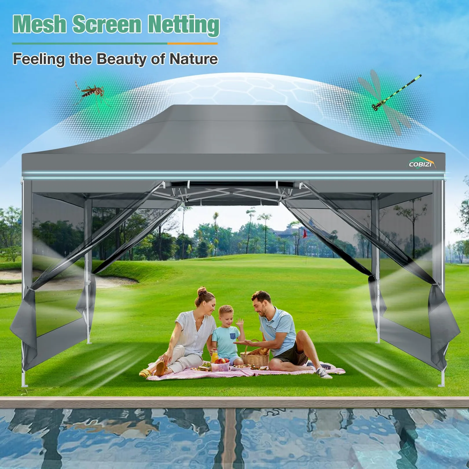 COBIZI 10x15 Canopy Tent, Heavy Duty Pop up Canopy with Sidewalls, Waterproof Easy Setup Canopy with Mosquito Netting, Outdoor Instant Screen Tents for Parties, Wedding, Backyard with Carry Bag, Gray