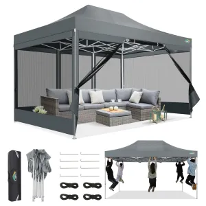 COBIZI 10x15 Canopy Tent, Heavy Duty Pop up Canopy with Sidewalls, Waterproof Easy Setup Canopy with Mosquito Netting, Outdoor Instant Screen Tents for Parties, Wedding, Backyard with Carry Bag, Gray