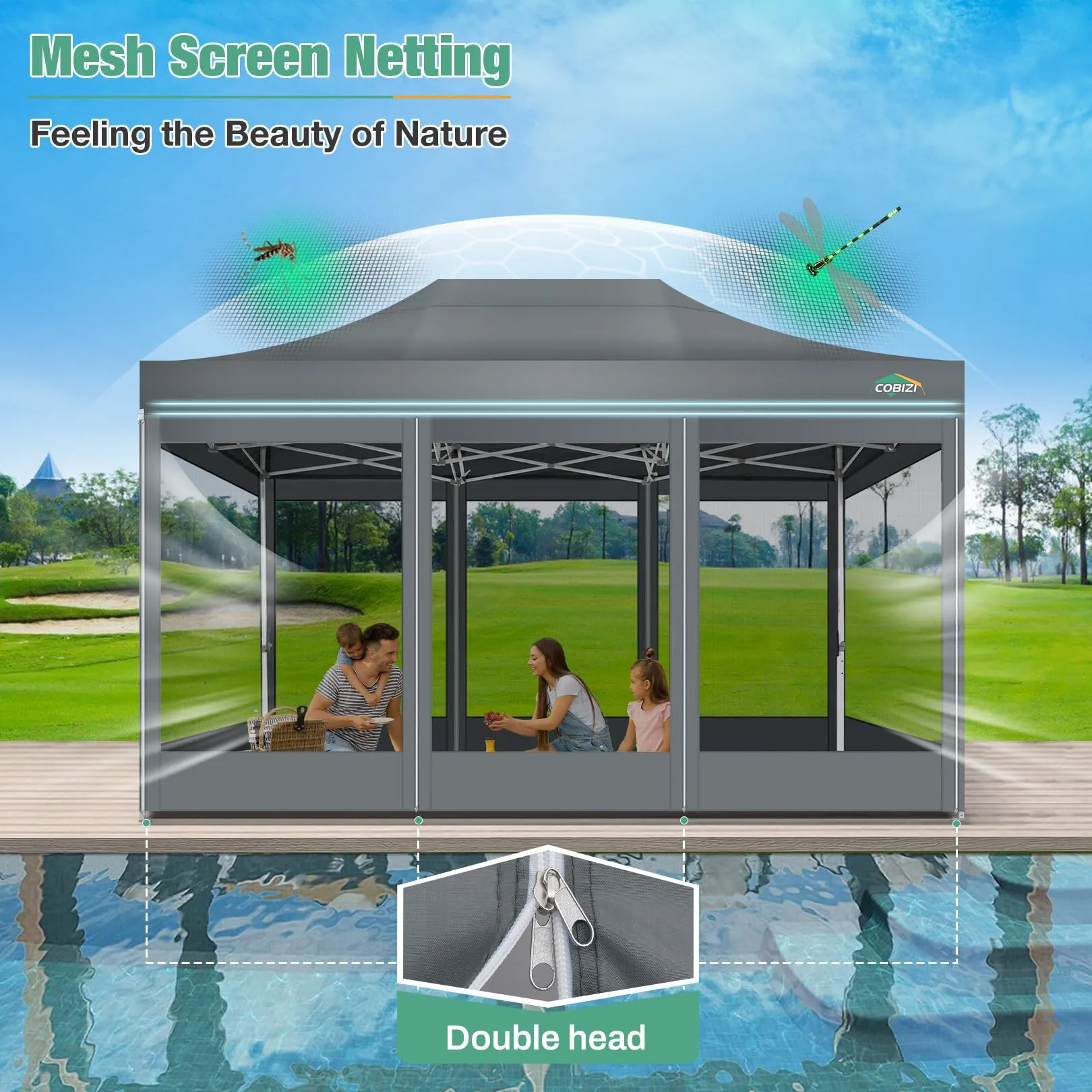 COBIZI 10x15 Canopy Tent, Heavy Duty Pop up Canopy with Sidewalls, Waterproof Easy Setup Canopy with Mosquito Netting, Outdoor Instant Screen Tents for Parties, Wedding, Backyard with Carry Bag, Gray