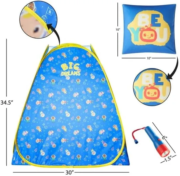 Cocomelon 3 Piece Slumber Set with Kids Indoor Outdoor UPF 30  Pop Up Play Tent with Pillow and Flashlight