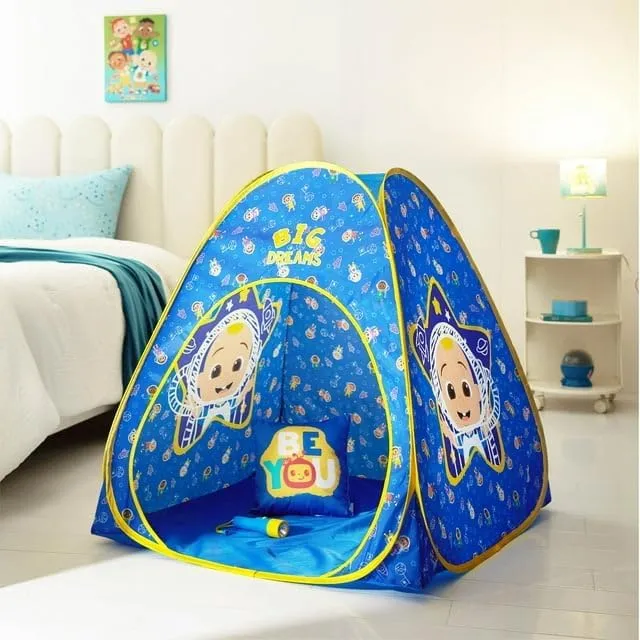 Cocomelon 3 Piece Slumber Set with Kids Indoor Outdoor UPF 30  Pop Up Play Tent with Pillow and Flashlight