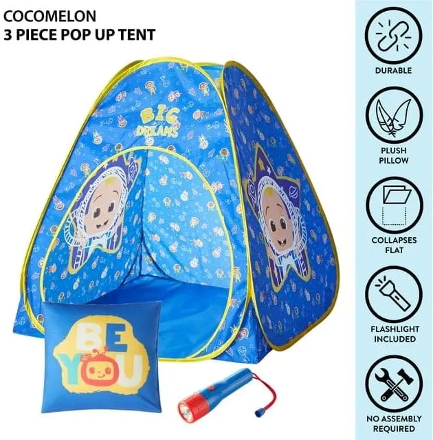 Cocomelon 3 Piece Slumber Set with Kids Indoor Outdoor UPF 30  Pop Up Play Tent with Pillow and Flashlight