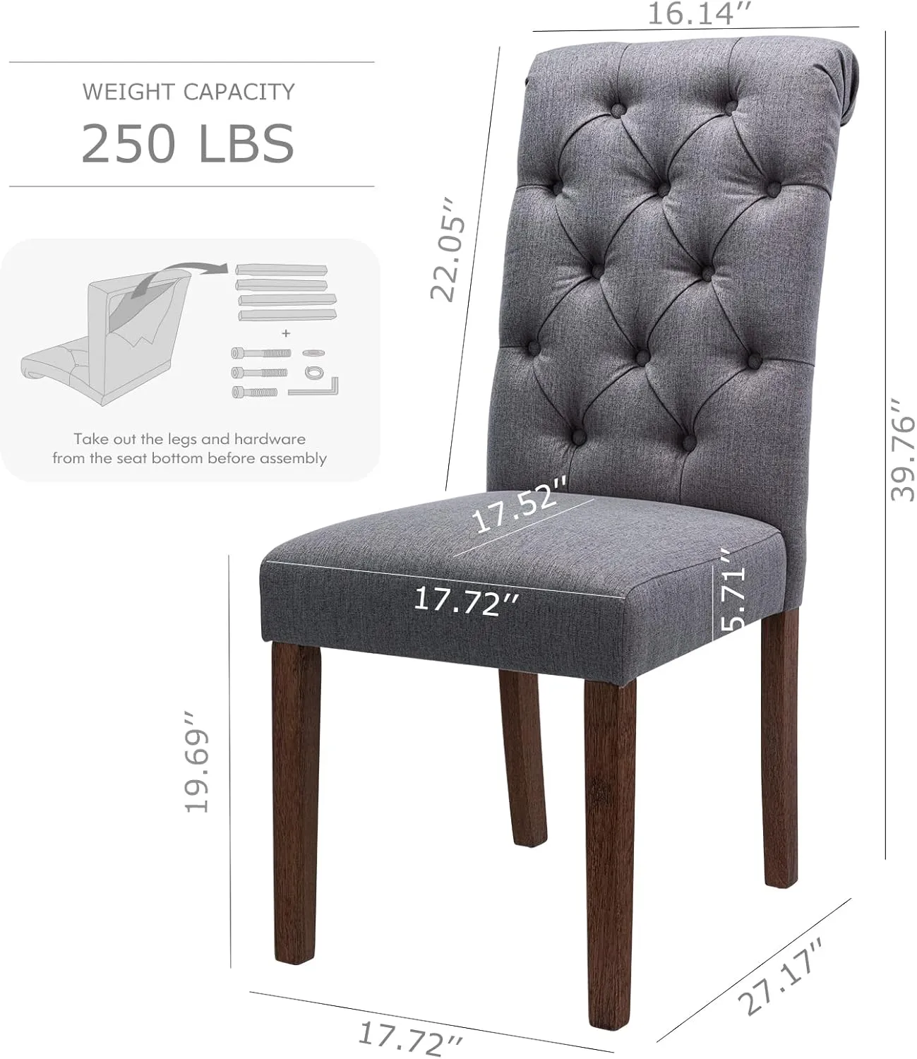 COLAMY Button Tufted Dining Chairs Set of 2, Parsons Upholstered Fabric Dining Room Chairs Kitchen Chairs with Wood Legs and Padded Seat, Dark Grey