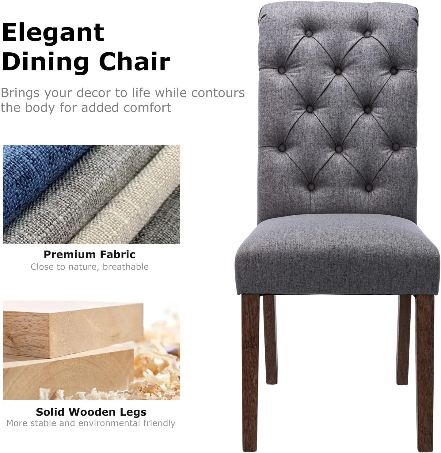 COLAMY Button Tufted Dining Chairs Set of 2, Parsons Upholstered Fabric Dining Room Chairs Kitchen Chairs with Wood Legs and Padded Seat, Dark Grey