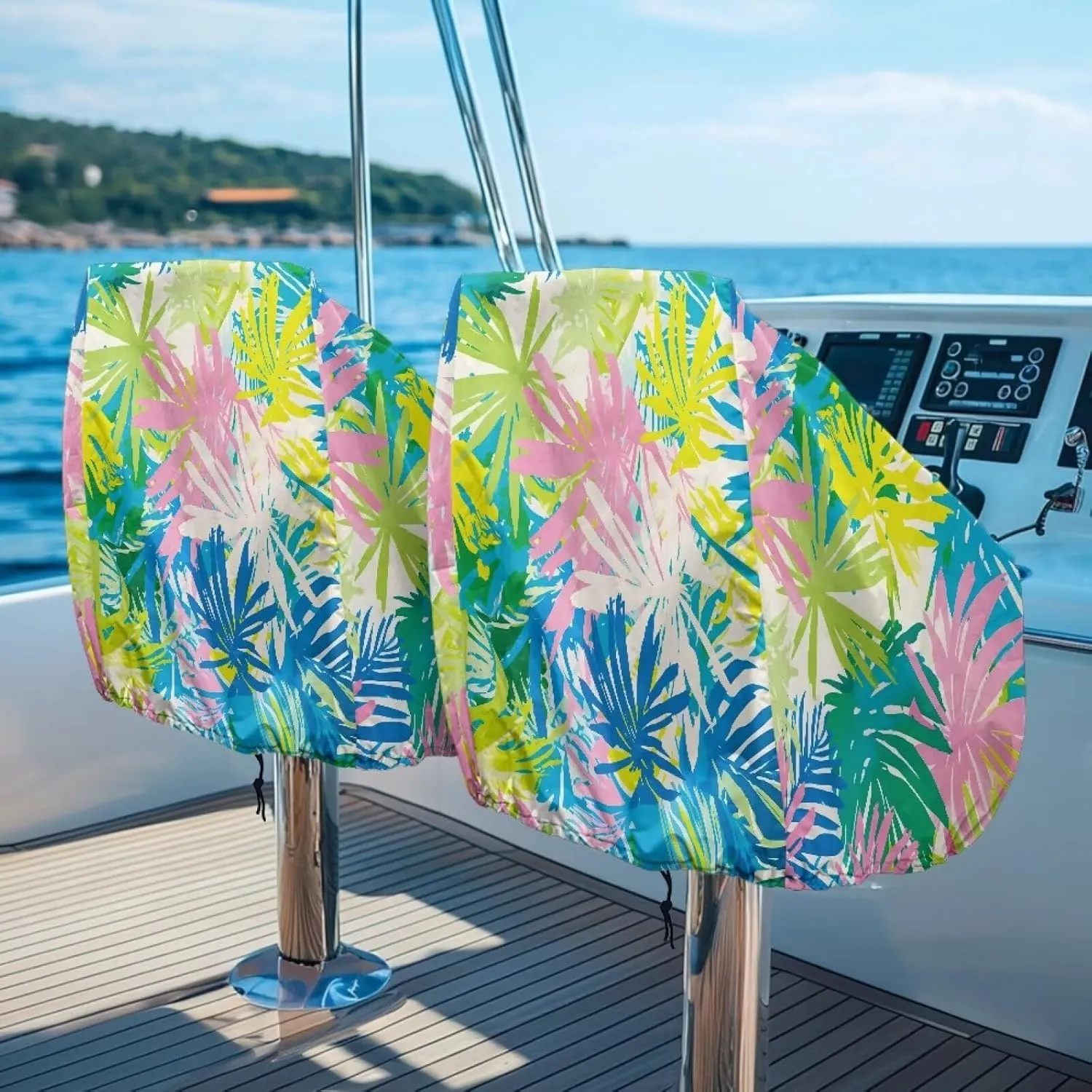 Color Palm Leaf Boat Folding Seat Cover Silver-Plated Polyester Weather Resistant Material Captain's Chair Cover Full Length Protection for Your Boat Seat Cover
