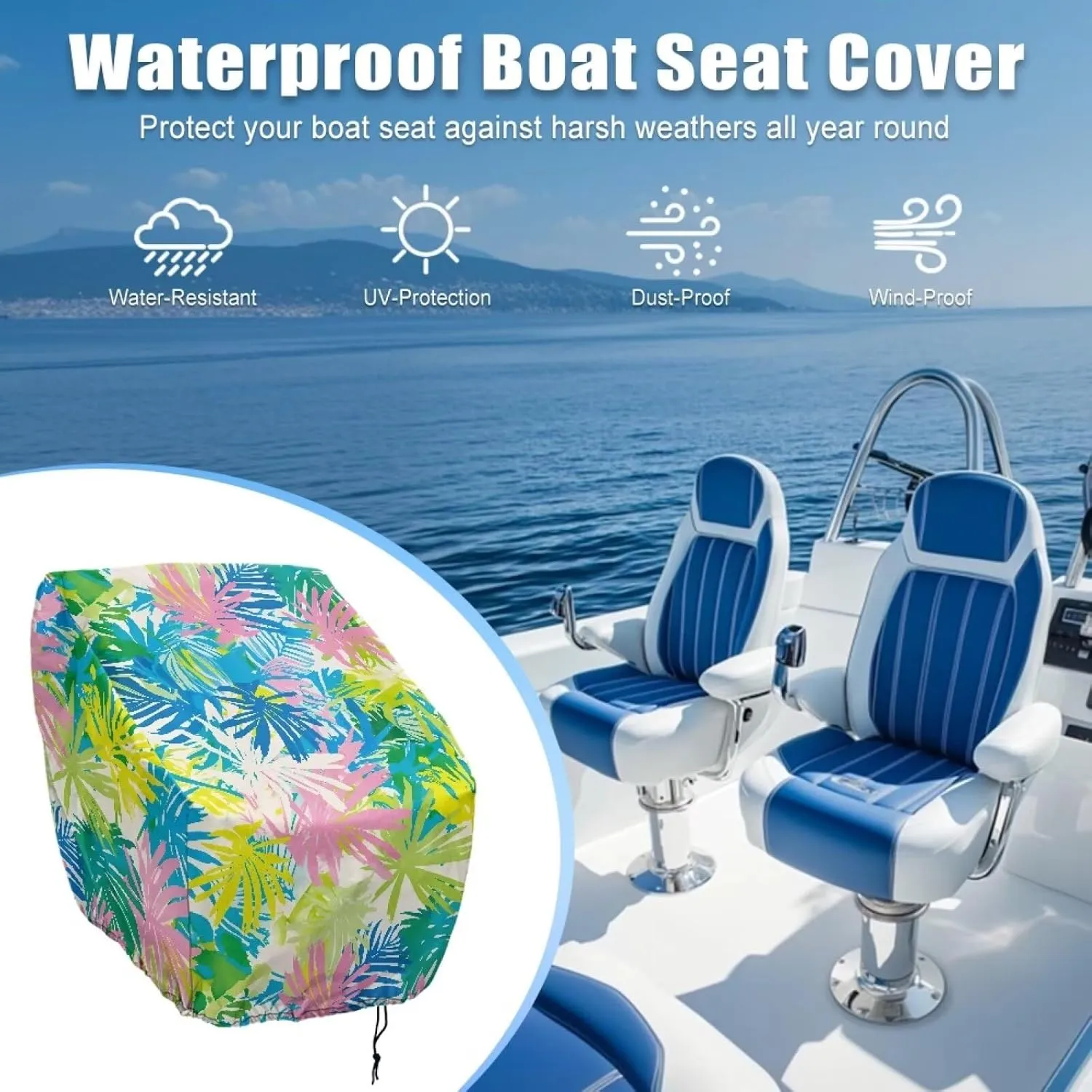 Color Palm Leaf Boat Folding Seat Cover Silver-Plated Polyester Weather Resistant Material Captain's Chair Cover Full Length Protection for Your Boat Seat Cover