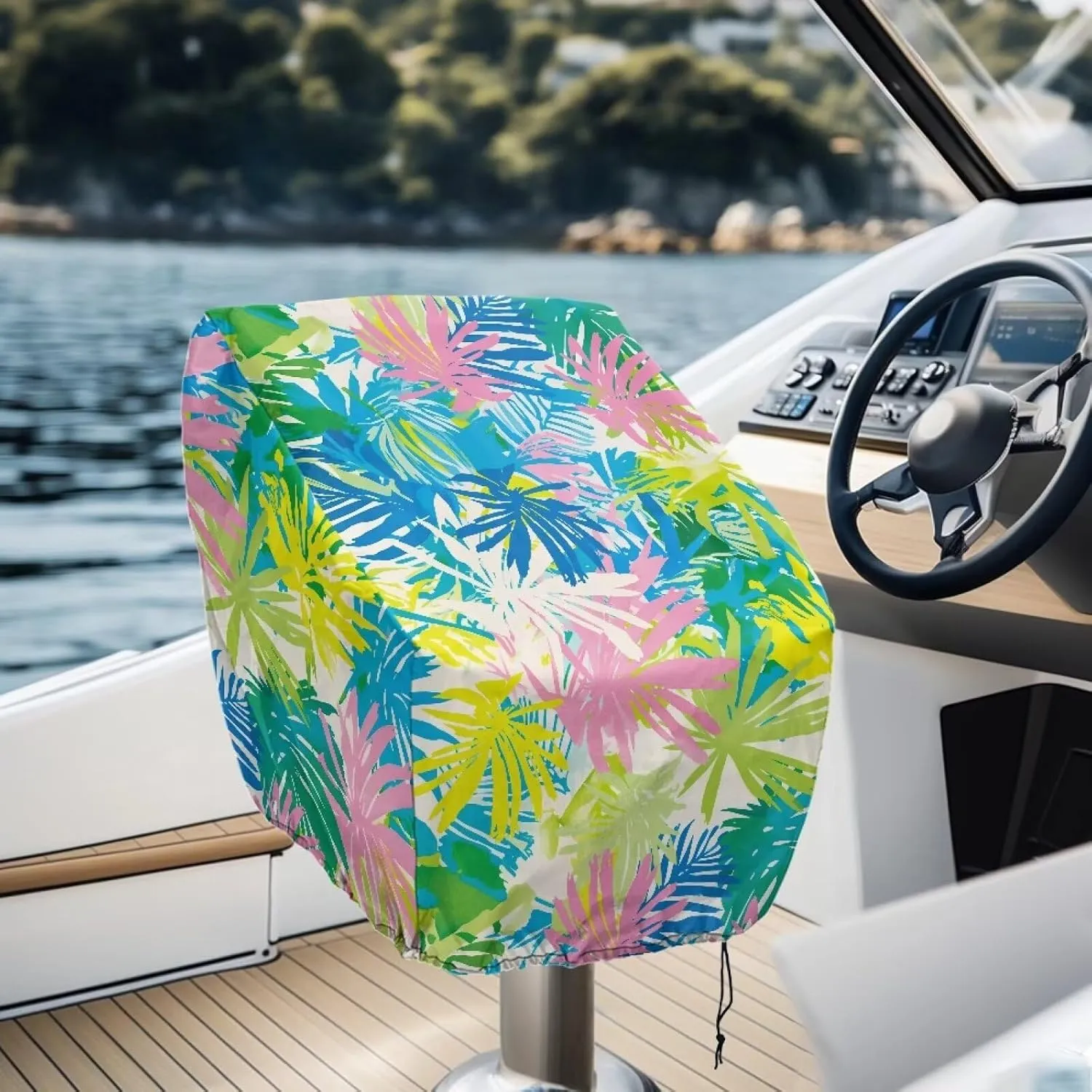 Color Palm Leaf Boat Folding Seat Cover Silver-Plated Polyester Weather Resistant Material Captain's Chair Cover Full Length Protection for Your Boat Seat Cover