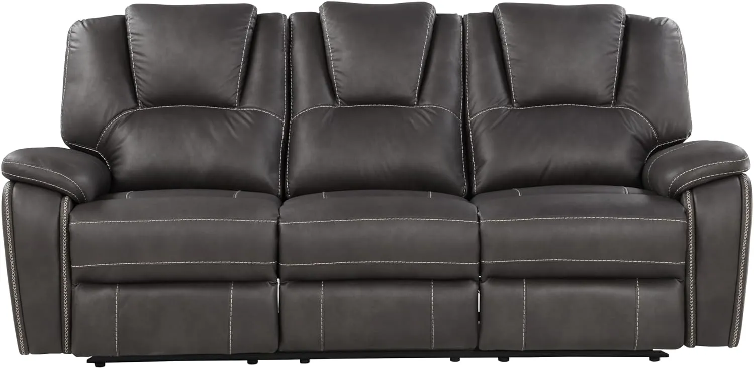 Comfortable Reclining Sofa with Padded Faux-Leather Upholstery, Easy Pull-Lever Mechanism, Charcoal Color