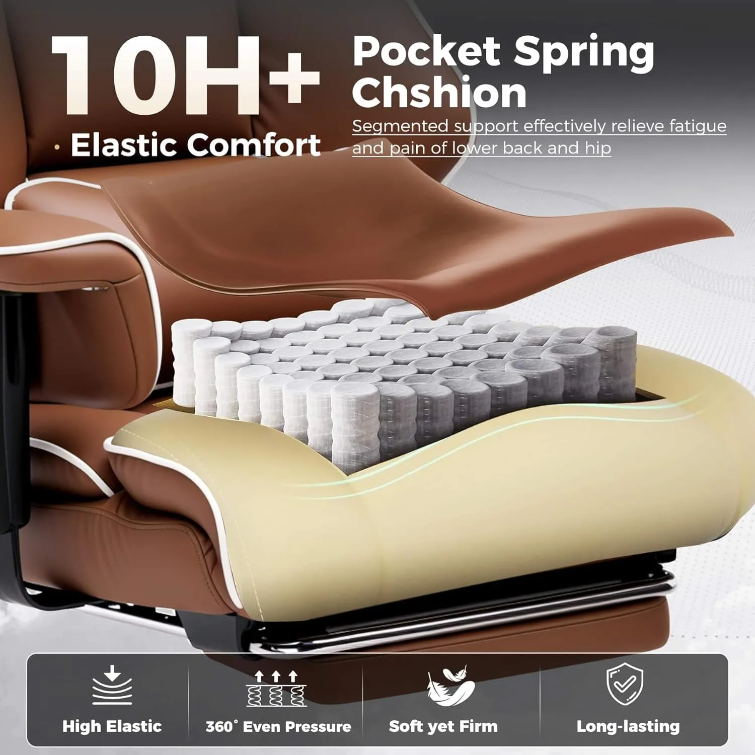 COMHOMA Big and Tall Office Chair 400lbs High Back Leather Executive Chair with Ergonomic Lumbar Support & Pocket Spring Cushion for Lower Back Pain Relief, Computer Gaming Chair with Foot Rest, Brown