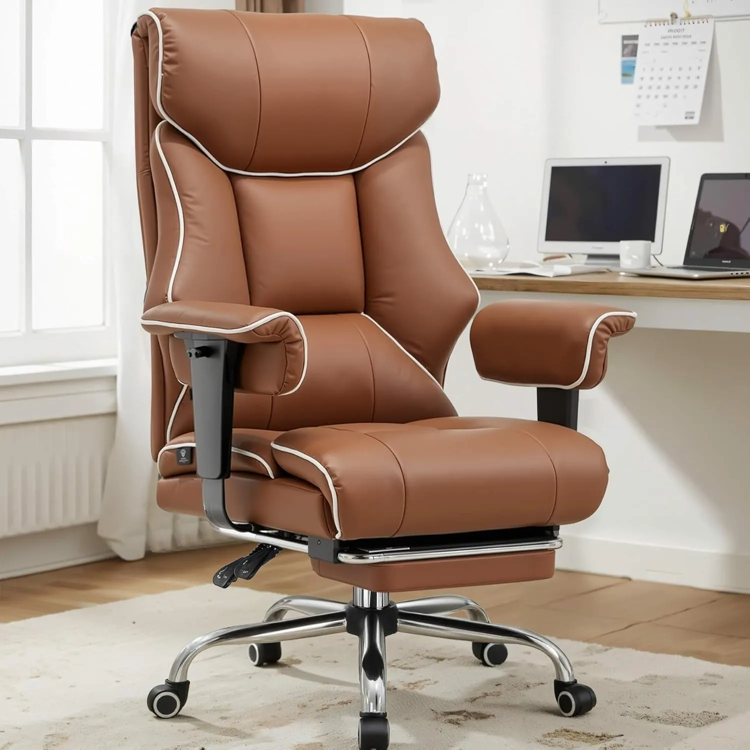 COMHOMA Big and Tall Office Chair 400lbs High Back Leather Executive Chair with Ergonomic Lumbar Support & Pocket Spring Cushion for Lower Back Pain Relief, Computer Gaming Chair with Foot Rest, Brown