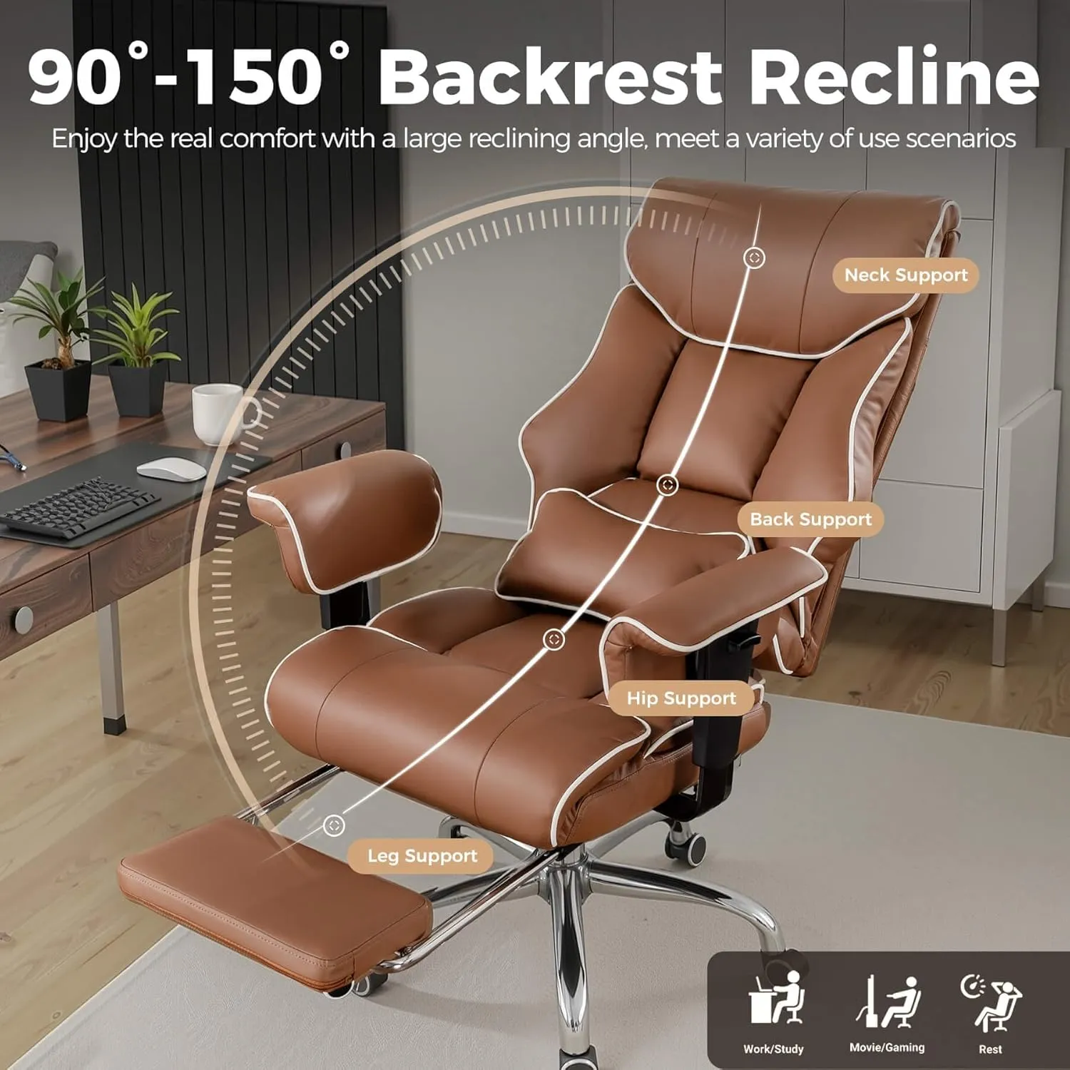 COMHOMA Big and Tall Office Chair 400lbs High Back Leather Executive Chair with Ergonomic Lumbar Support & Pocket Spring Cushion for Lower Back Pain Relief, Computer Gaming Chair with Foot Rest, Brown