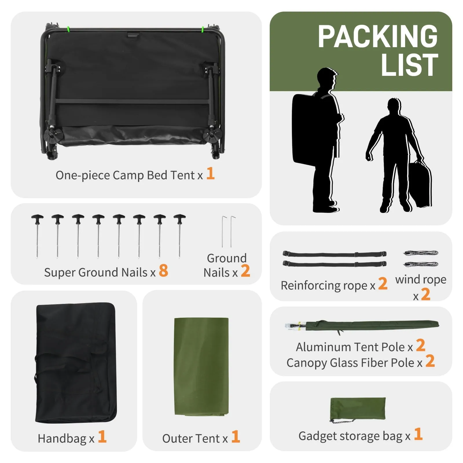 COOKCOK Camping Tent, with Storage Bag, Adjustable Feet, Iron Stands, Camping Bed, 84.6"x 34.5"x 49.2", Army Green