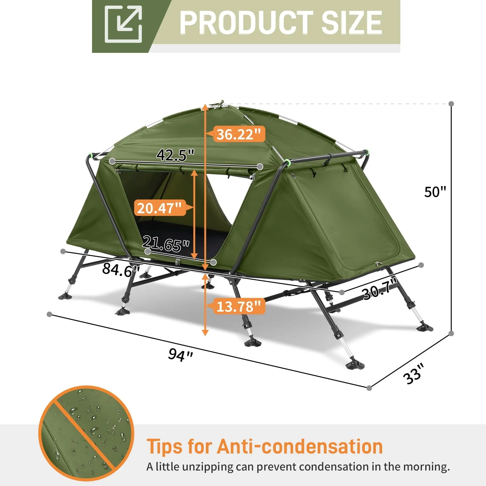 COOKCOK Camping Tent, with Storage Bag, Adjustable Feet, Iron Stands, Camping Bed, 84.6"x 34.5"x 49.2", Army Green