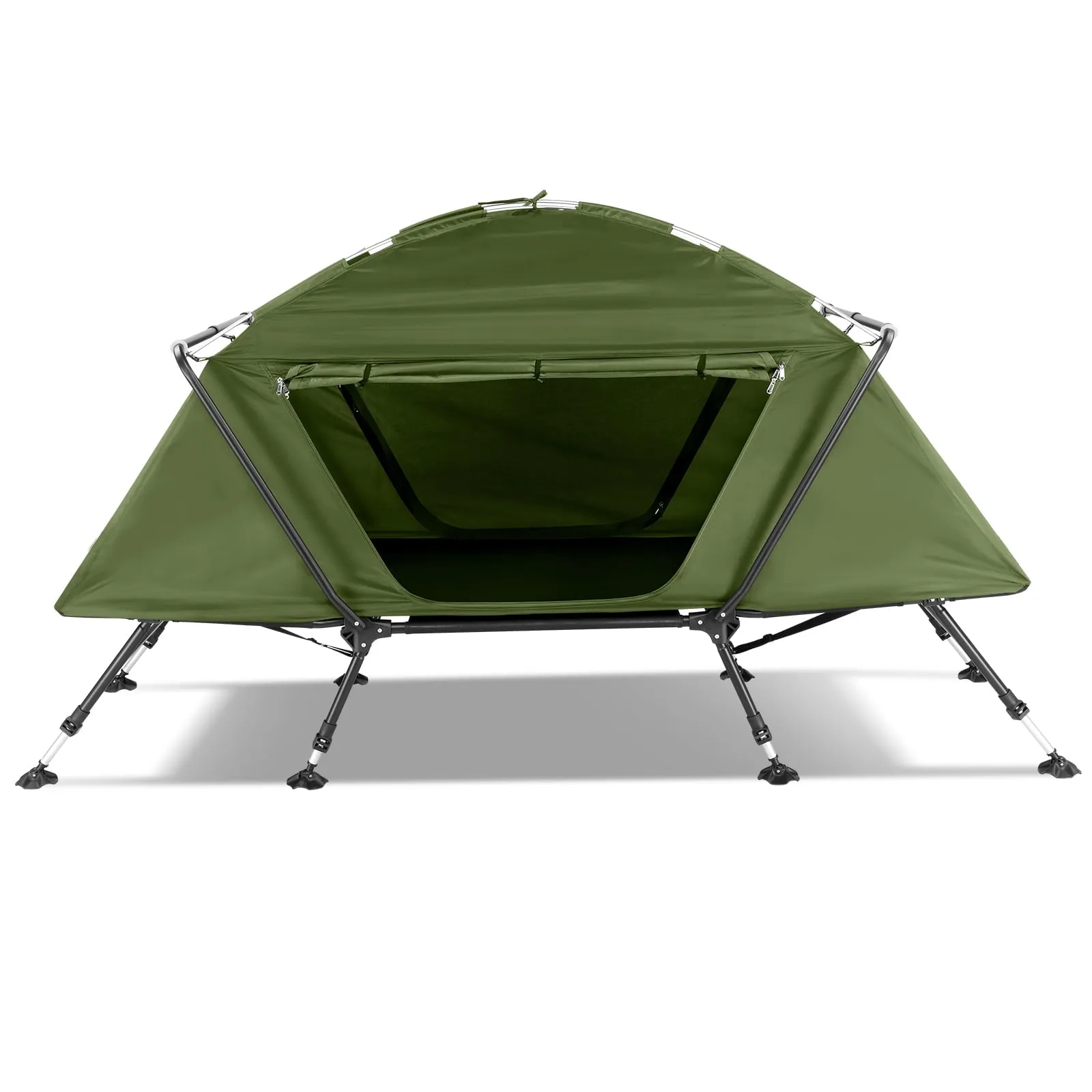 COOKCOK Camping Tent, with Storage Bag, Adjustable Feet, Iron Stands, Camping Bed, 84.6"x 34.5"x 49.2", Army Green