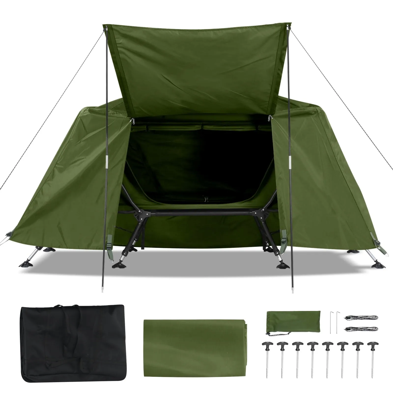 COOKCOK Camping Tent, with Storage Bag, Adjustable Feet, Iron Stands, Camping Bed, 84.6"x 34.5"x 49.2", Army Green