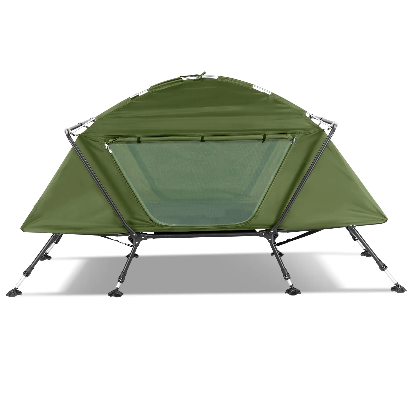 COOKCOK Camping Tent, with Storage Bag, Adjustable Feet, Iron Stands, Camping Bed, 84.6"x 34.5"x 49.2", Army Green