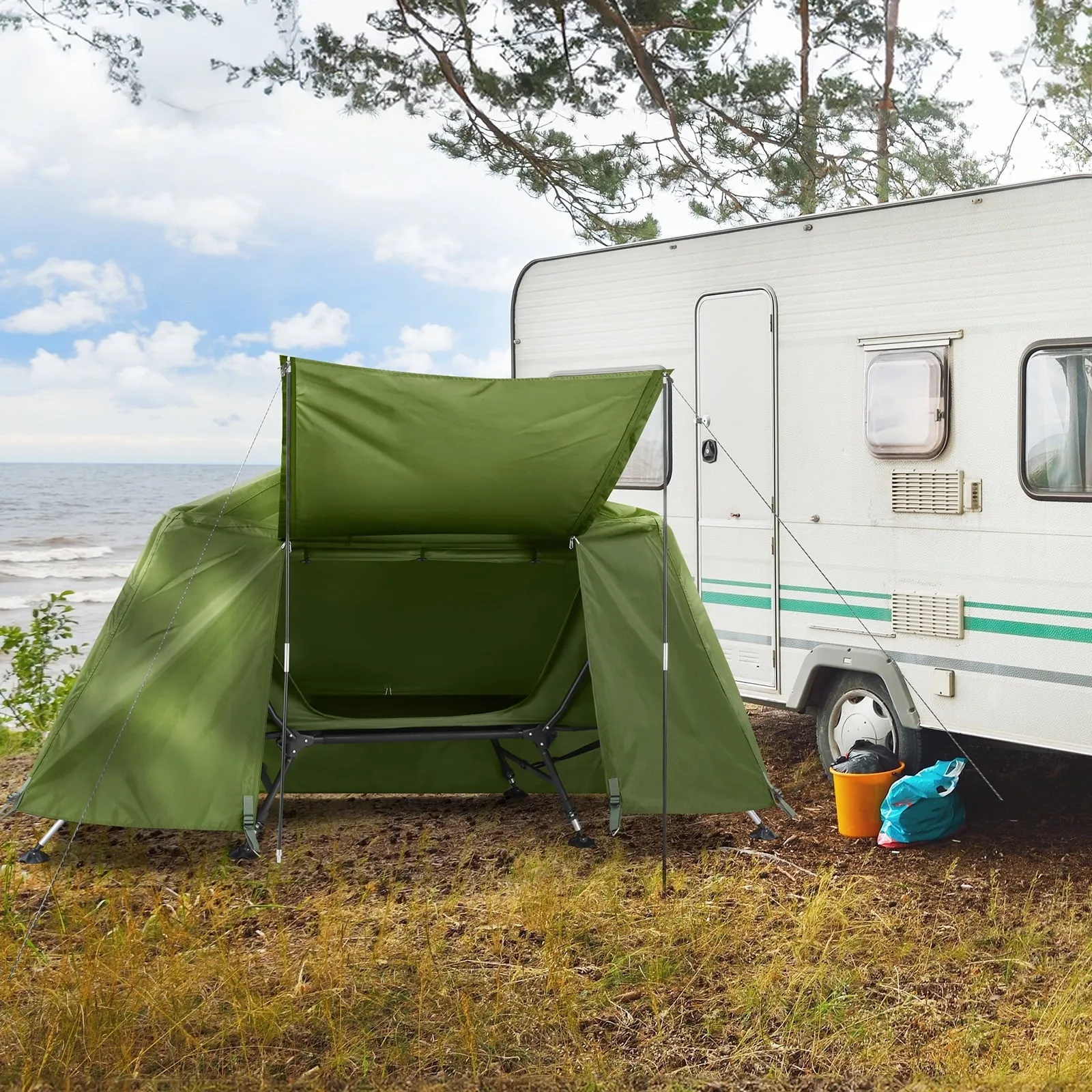 COOKCOK Camping Tent, with Storage Bag, Adjustable Feet, Iron Stands, Camping Bed, 84.6"x 34.5"x 49.2", Army Green