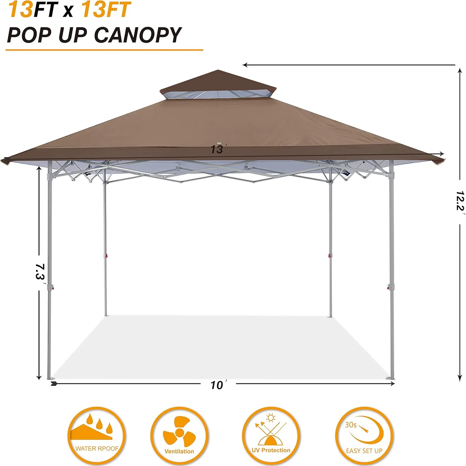 COOSHADE 13x13Ft Pop Up Canopy Tent Instant Folding Shelter 169 Square Feet Large Outdoor Sun Protection Shade(Coffee)