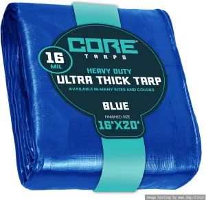 Core Tarps Extra Heavy Duty 16 Mil Tarp Cover, Waterproof, UV Resistant, Rip and Tear Proof, Poly Tarpaulin with Reinforced Edges for Roof, Camping, Patio, Pool, Boat (Blue 16′ X 20′)