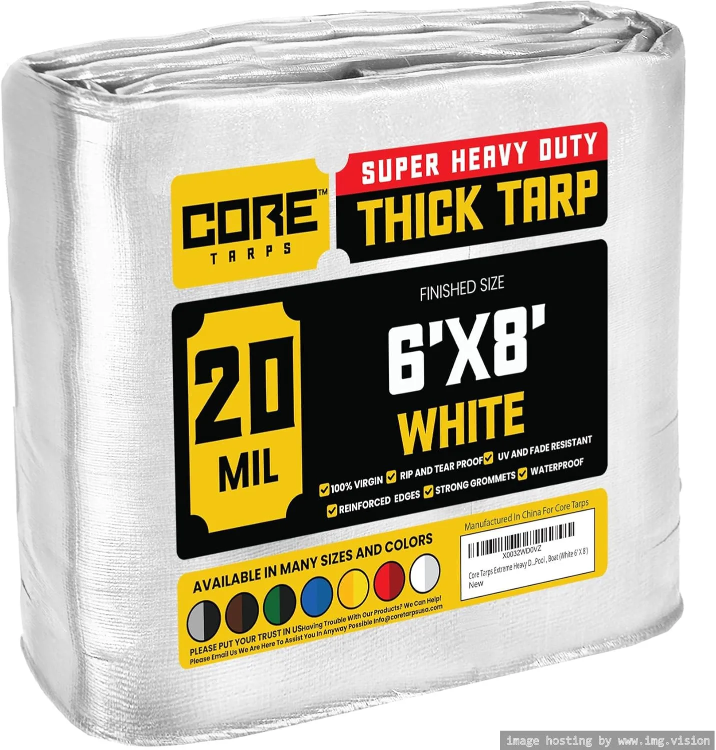 Core Tarps Extreme Heavy Duty 20 Mil Tarp Cover, Waterproof, UV Resistant, Rip and Tear Proof, Poly Tarpaulin with Reinforced Edges for Roof, Camping, Patio, Pool, Boat (White 6′ X 8′)